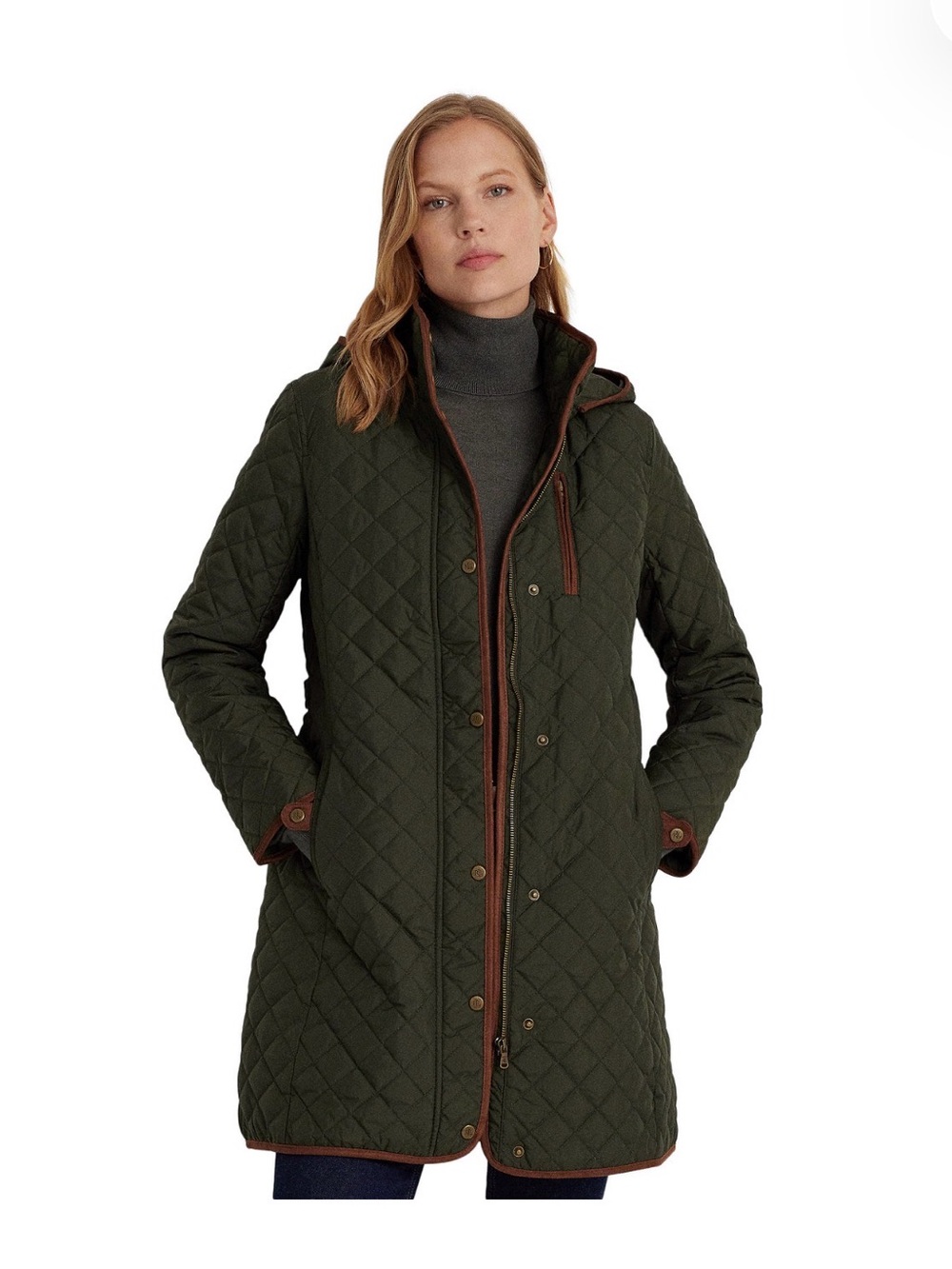 Lauren Ralph Lauren Olive Quilted Hooded Coat with Brown Trim XL
